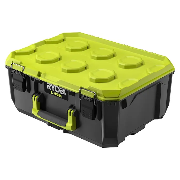 Ryobi Link Werkzeugkasten RSL102 - Kunststoff, Fassungsvermögen: 36 l, Höhe: 23,5 cm - Die Ryobi LINK Werkzeugkiste bietet robuste Aufbewahrungslösungen mit einem modularen Design und einem gelb/schwarzen Farbschema für Werkzeuge.