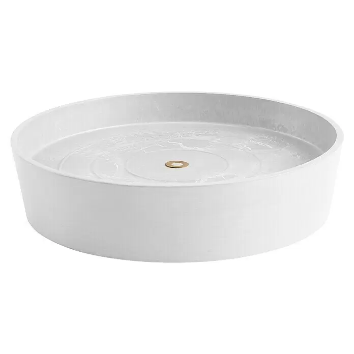 Ecopots Amsterdam Blumentopf-Untersetzer mit Rollen - Außenmaß (Ø x H): 34,1 x 9 cm, Kunststoff, Weiß - Weißes rundes Tablett mit strukturierter Oberfläche und goldenem Ring in der Mitte.