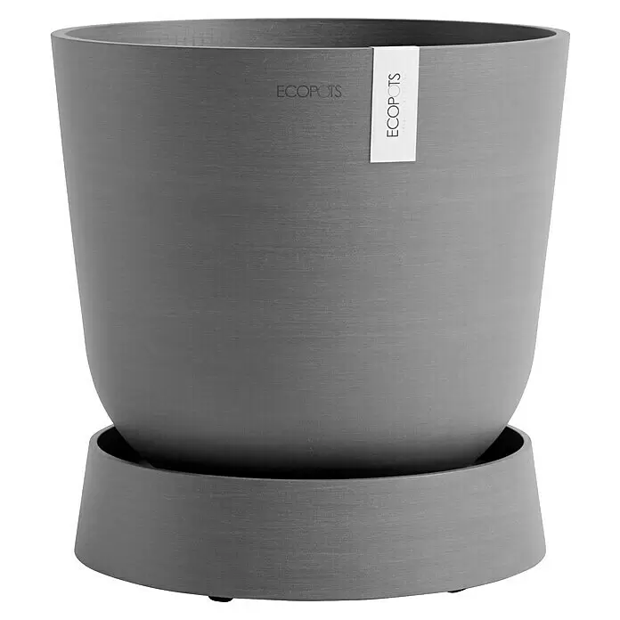 Ecopots Oslo Blumentopf-Untersetzer mit Rollen - Außenmaß (Ø x H): 32,2 x 8,5 cm, Kunststoff, Grau - Grauer, strukturierter Blumentopf mit passendem Untersetzer.