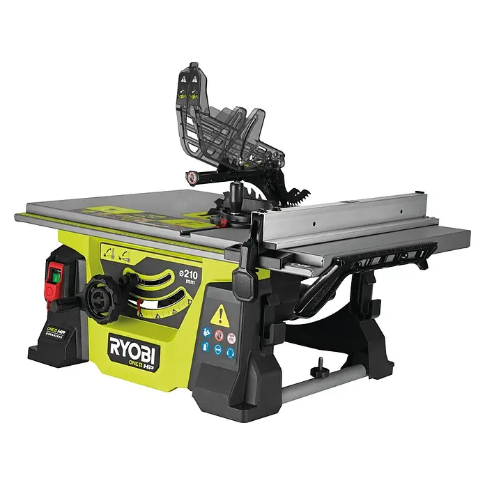 Ryobi ONE+HP Akku-Tischkreissäge RTBS18X-0 - 18 V, Ohne Akku, Durchmesser Sägeblatt: 210 mm - Hier ist eine Ryobi Tischkreissäge mit einem 210mm Sägeblatt, ideal für präzise Holzarbeiten.