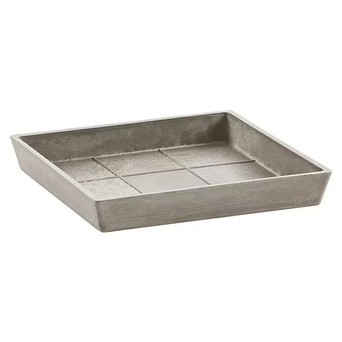 Ecopots Rotterdam Kasten-Untersetzer - 37,1 x 34,5 x 3,4 cm, Kunststoff, Braungrau - Hellgraue Pflanzenschale in Betonoptik mit gerilltem Boden.
