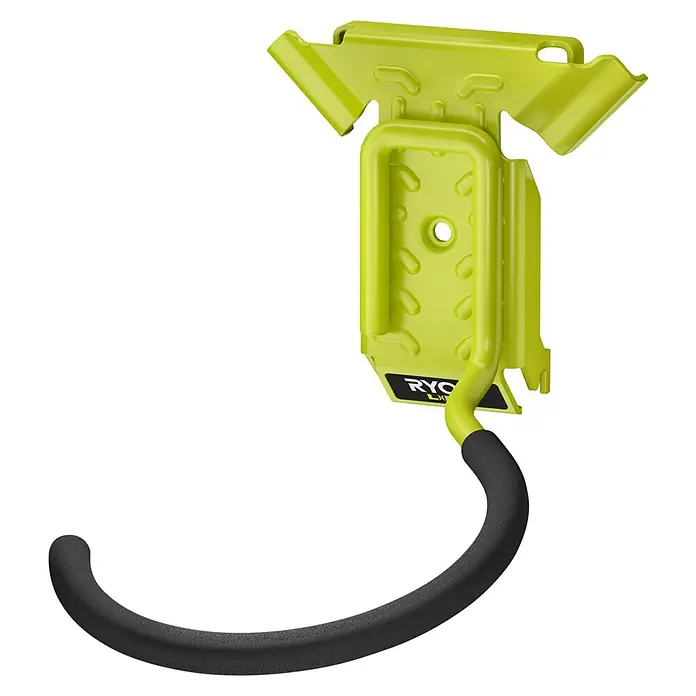 Ryobi Link Wandhalterung RSLW809 - Größe: M, Passend für: Ryobi ONE+ Sortiment - Eine Nahaufnahme eines Ryobi-Gerätehakens mit schwarzem Polster zum Aufhängen von Gegenständen. Das Gerät ist in einem hellen Grün gehalten.