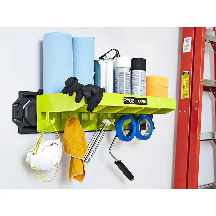 Ryobi Link Wandhalterung RSLW402 - L x B x H: 53,5 x 28 x 14,5 cm, Metall - Die Ryobi LINK Wandregal-Aufbewahrungslösung bietet eine vielseitige Möglichkeit, Werkzeuge und Zubehör ordentlich und griffbereit zu halten.