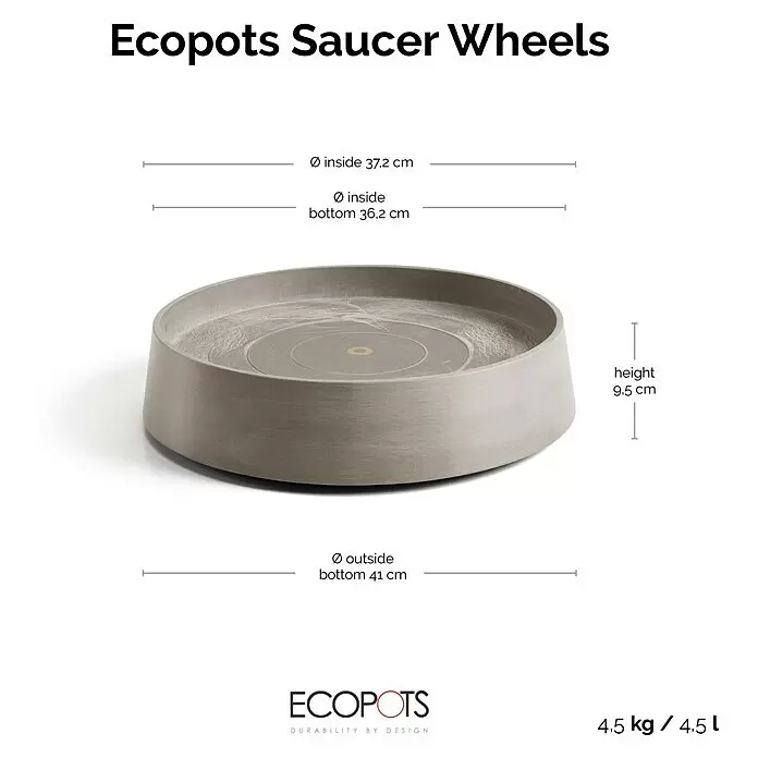 Ecopots Oslo Blumentopf-Untersetzer mit Rollen - Außenmaß (Ø x H): 41 x 9,5 cm, Kunststoff, Braungrau - Rundes, graues Ecopots Pflanzenuntersetzer mit Rollen. Maße: innen Ø37,2 cm, Höhe 9,5 cm, Gewicht 4,5 kg.