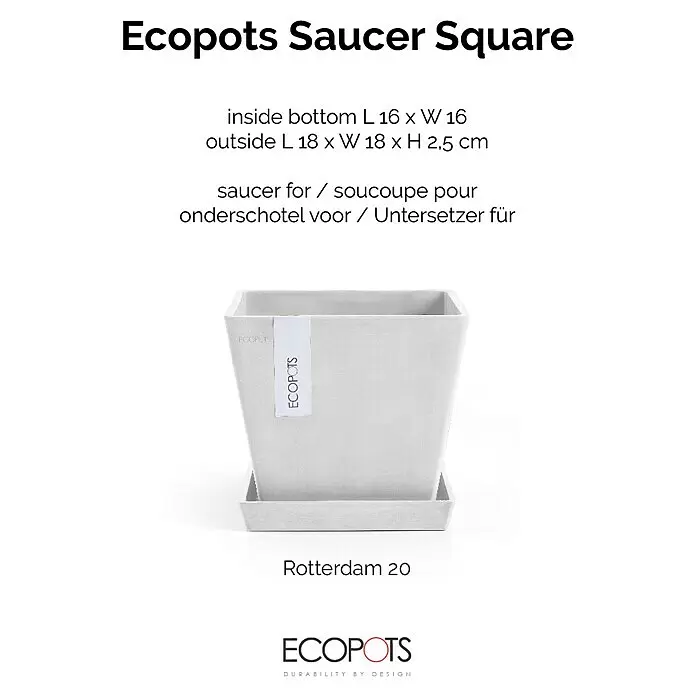 Ecopots Rotterdam Kasten-Untersetzer - 16,5 x 16 x 2,5 cm, Kunststoff, Weiß - Helle quadratische Untertasse von Ecopots aus grauem Material mit passendem Topf.