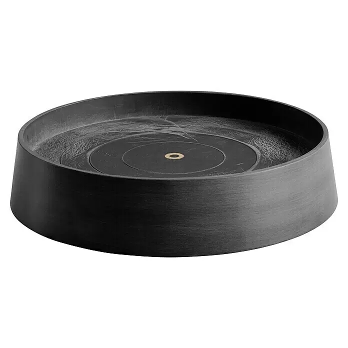 Ecopots Oslo Blumentopf-Untersetzer mit Rollen - Außenmaß (Ø x H): 41 x 9,5 cm, Kunststoff, Dunkelgrau - Dunkelgraue, texturierte runde Basis mit mittiger Vertiefung und kleinem goldfarbenem Ring.