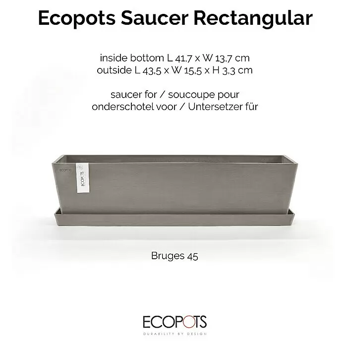 Ecopots Bruges Blumentopf-Untersetzer - Außenmaß (L x B x H): 42,7 x 13,7 x 3,3 cm, Kunststoff, Braungrau - Ecopots rechteckiger Untersetzer in Taupe für Pflanzgefäße.