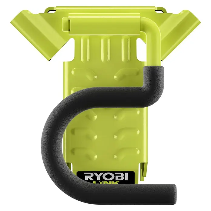 Ryobi Link Wandhalterung RSLW802 S - Größe: S, Passend für: Ryobi ONE+ Sortiment - Nahaufnahme des Ryobi LINK Universalhaken, ein vielseitiges Aufbewahrungszubehör mit robustem Design und gepolstertem Haken für verschiedene Gegenstände.