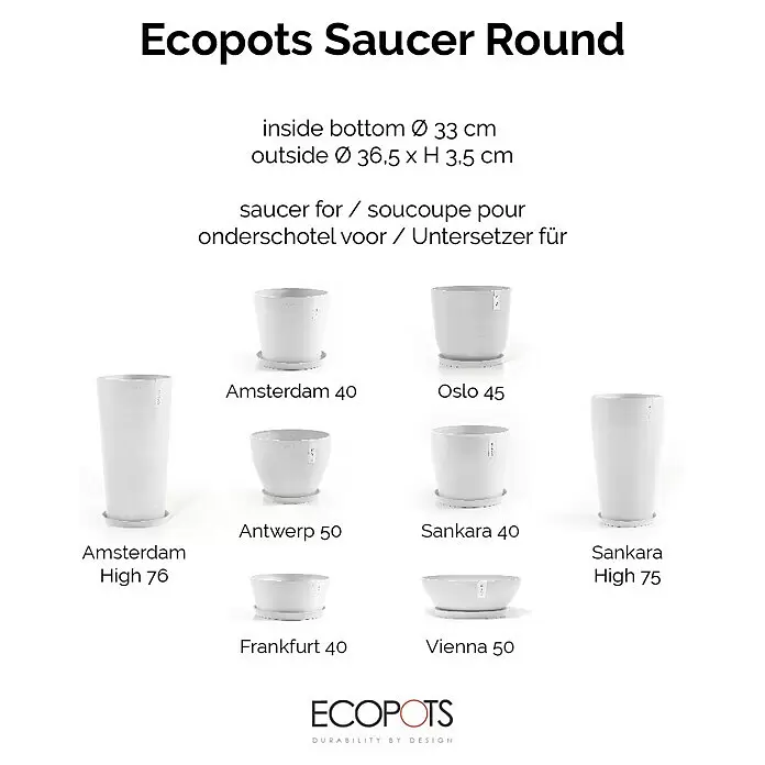 Ecopots Amsterdam Blumentopf-Untersetzer - Außenmaß (Ø x H): 35,3 x 3,5 cm, Kunststoff, Weiß - Runde Ecopots Untertasse, weiß/grau. Innen Ø 33cm, außen Ø 36,5xH 3,5cm. Mit kompatiblen Ecopots Pflanzgefäßen gezeigt.