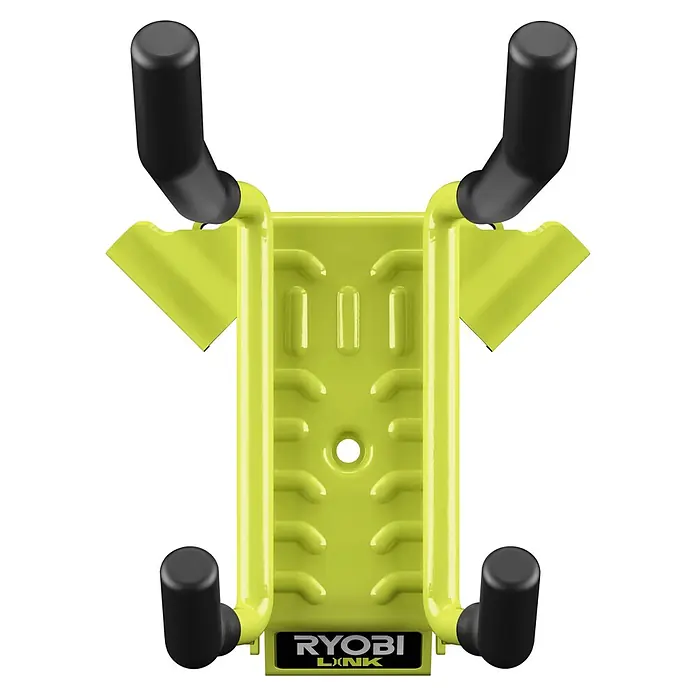 Ryobi Link Wandhalterung RSLW810 2-fach - Geeignet für: Handwerkzeuge, Passend für: Ryobi ONE+ Sortiment - Nahaufnahme einer gelb-schwarzen RYOBI Link Wandhalterung, die für die Organisation von Werkzeugen und Geräten in einer Werkstatt oder Garage konzipiert ist.