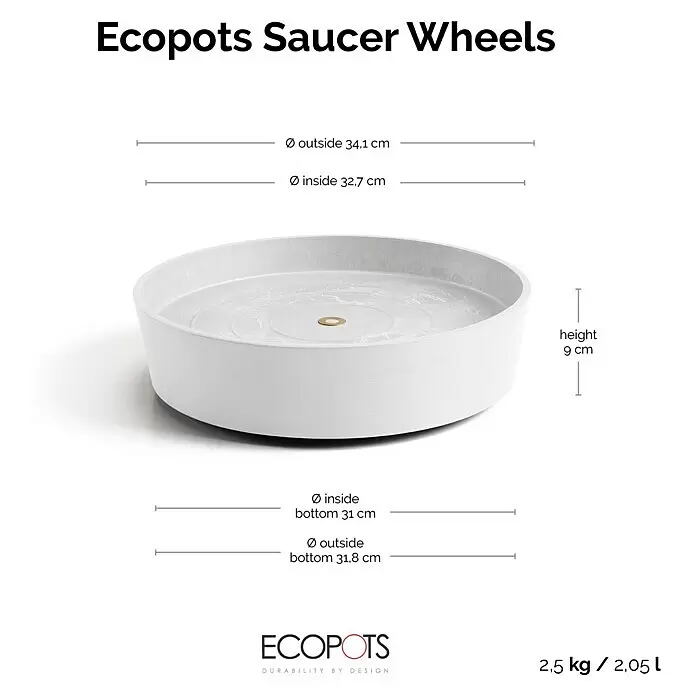 Ecopots Amsterdam Blumentopf-Untersetzer mit Rollen - Außenmaß (Ø x H): 34,1 x 9 cm, Kunststoff, Weiß - Hellgraue Ecopots Saucer Wheels, eine runde Pflanzenschale.