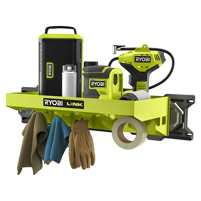 Ryobi Link Wandhalterung RSLW402 - L x B x H: 53,5 x 28 x 14,5 cm, Metall - Ryobi LINK Werkzeugregal mit Radio, Luftpumpe, Klebeband, Trinkflasche und Arbeitsmaterialien für die Werkstatt oder Garage.