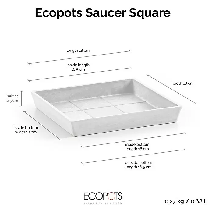 Ecopots Rotterdam Kasten-Untersetzer - 16,5 x 16 x 2,5 cm, Kunststoff, Weiß - Hellgrauer quadratischer Ecopots Untersetzer für Pflanztöpfe mit Maßen.