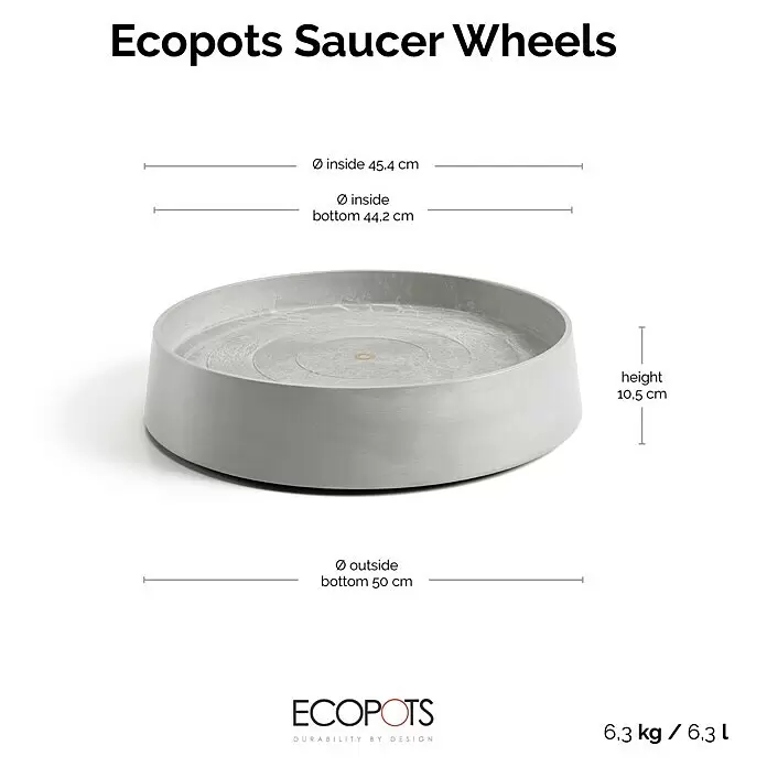 Ecopots Oslo Blumentopf-Untersetzer mit Rollen - Außenmaß (Ø x H): 50 x 10,5 cm, Kunststoff, Weißgrau - Hellgrauer runder Ecopots Untersetzer mit Rollen für Blumentöpfe.