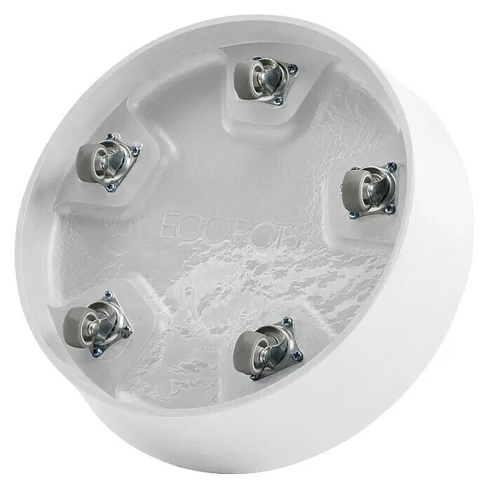 Ecopots Amsterdam Blumentopf-Untersetzer mit Rollen - Außenmaß (Ø x H): 28,7 x 8,3 cm, Kunststoff, Weiß - Weißer runder Pflanzenuntersetzer mit fünf grauen Rollen an der Unterseite für müheloses Bewegen.