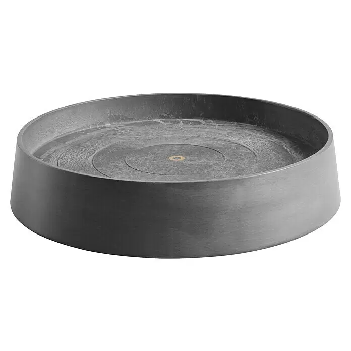 Ecopots Oslo Blumentopf-Untersetzer mit Rollen - Außenmaß (Ø x H): 50 x 10,5 cm, Kunststoff, Grau - Runde, dunkelgraue, texturierte Dekoschale mit goldener Mittelakzent.