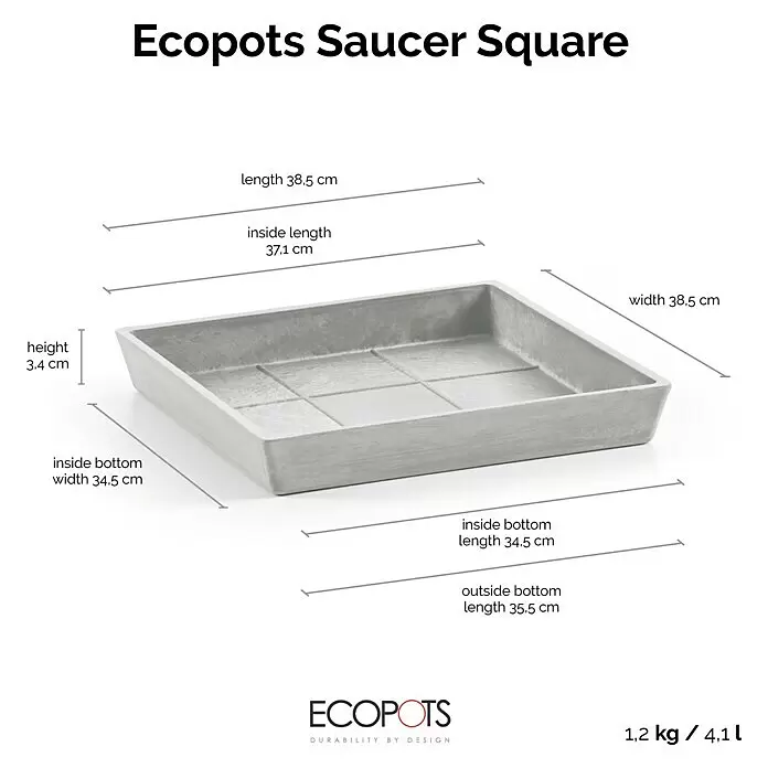 Ecopots Rotterdam Kasten-Untersetzer - 37,1 x 34,5 x 3,4 cm, Kunststoff, Weißgrau - Graue Ecopots quadratische Untertasse mit Maßangaben.