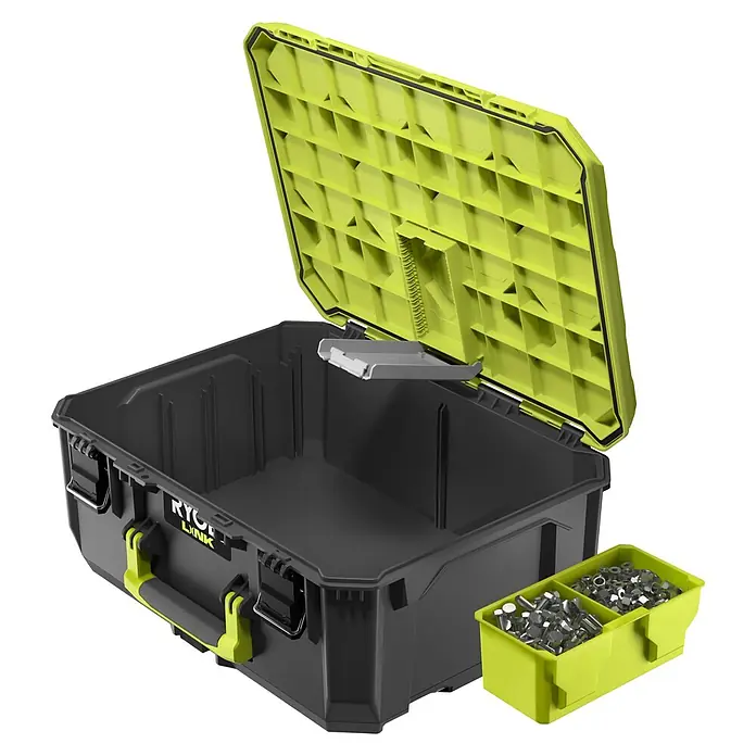 Ryobi Link Werkzeugkasten RSL102 - Kunststoff, Fassungsvermögen: 36 l, Höhe: 23,5 cm - Geöffnete Ryobi Link Werkzeugbox mit Zubehör, robust und vielseitig für Werkstatt und Baustelle.