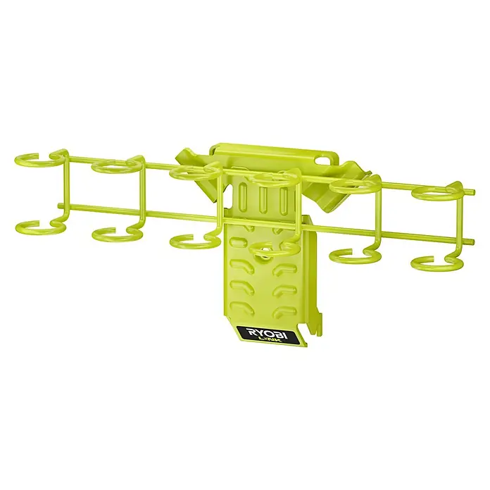 Ryobi Link Werkzeugständer RSLW807 - Geeignet für: Schraubendreher, Passend für: Ryobi ONE+ Sortiment - Ein grüner Ryobi Link Werkzeug-Organizer mit Halterungen für verschiedene Werkzeuge und Zubehör zur Wandmontage.