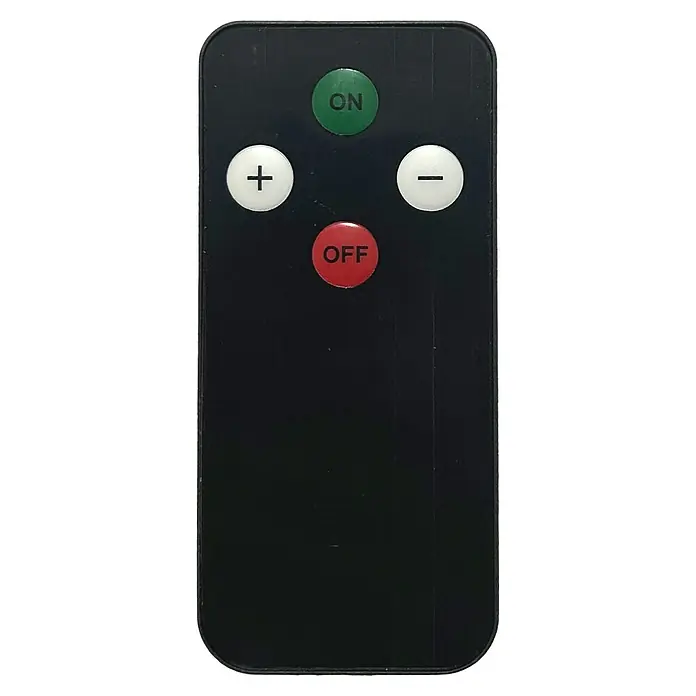 Ventilador de pie Alma - Blanco, 41 cm, 112 cm - Mando a distancia negro con botones redondos verdes, blancos y rojos para encender/apagar y controlar el volumen.