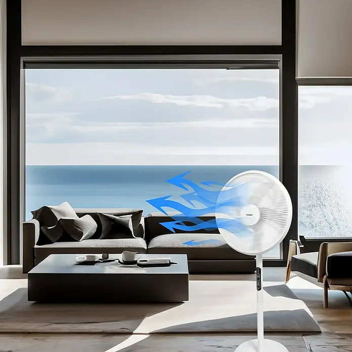 Ventilador de pie Alma - Blanco, 41 cm, 112 cm - Este ventilador de pie asegura una brisa agradable en tu hogar con sus flechas azules. ¡Disfruta del aire fresco!