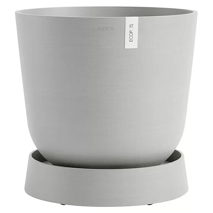 Ecopots Oslo Blumentopf-Untersetzer mit Rollen - Außenmaß (Ø x H): 41 x 9,5 cm, Kunststoff, Weißgrau - Hellgrauer strukturierter Blumentopf mit passendem Untersetzer.