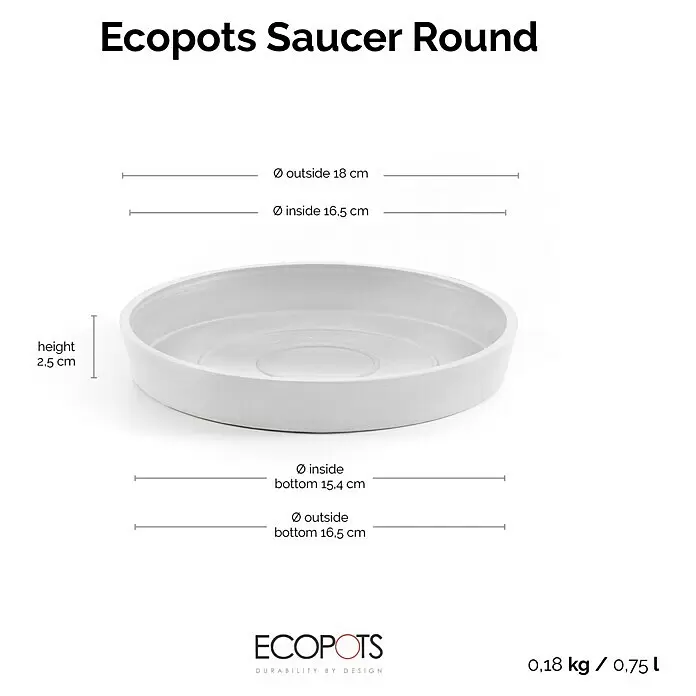 Ecopots Amsterdam Blumentopf-Untersetzer - Außenmaß (Ø x H): 18 x 2,5 cm, Kunststoff, Weiß - Weißer Ecopots Untersetzer Rund, 18 cm Außendurchmesser, 2,5 cm Höhe, mit Rillen zur Entwässerung.