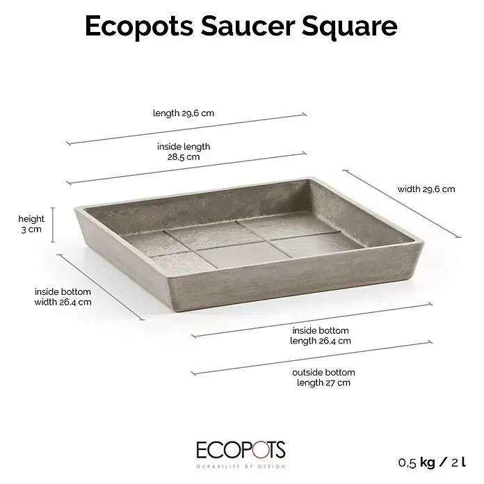 Ecopots Rotterdam Kasten-Untersetzer - 28,5 x 26,4 x 3 cm, Kunststoff, Braungrau - Ein quadratischer, grauer Ecopots Untersetzer mit strukturiertem Boden.