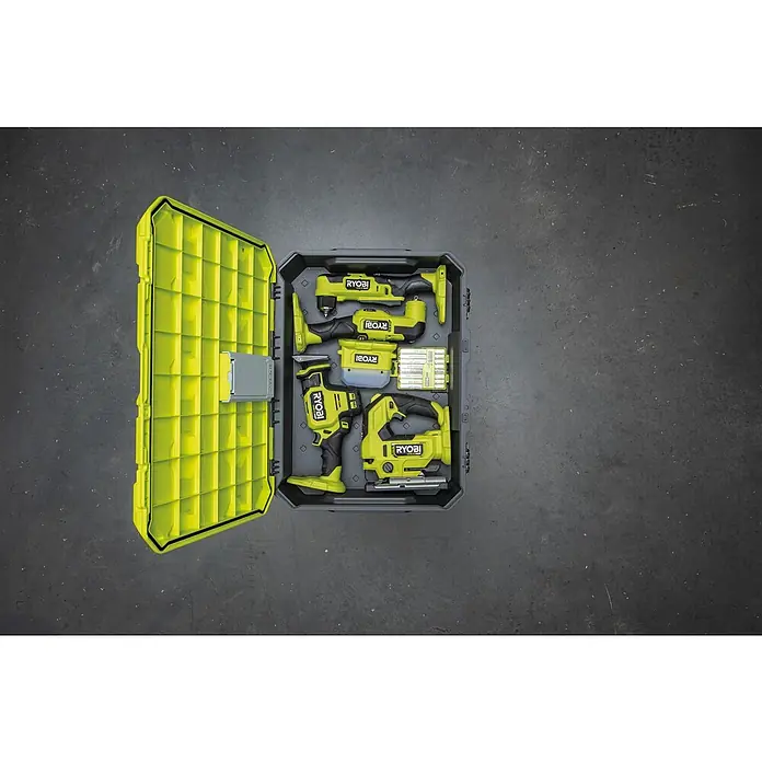 Ryobi Link Werkzeugkasten RSL101 - Kunststoff, Fassungsvermögen: 19 l, Höhe: 15 cm - Gelber Ryobi Werkzeugkasten mit verschiedenen Werkzeugen. Übersichtliche Anordnung und praktische Aufbewahrung für den Heimwerker.