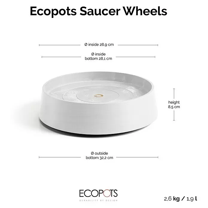 Ecopots Oslo Blumentopf-Untersetzer mit Rollen - Außenmaß (Ø x H): 32,2 x 8,5 cm, Kunststoff, Weiß - Weißer runder Ecopots Untersetzer mit Rollen, Maße und Gewicht werden angezeigt.