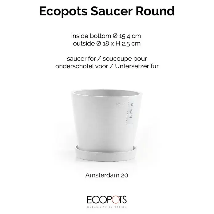 Ecopots Amsterdam Blumentopf-Untersetzer - Außenmaß (Ø x H): 18 x 2,5 cm, Kunststoff, Weiß - Weißer runder Ecopots Untersetzer mit passendem Topf.