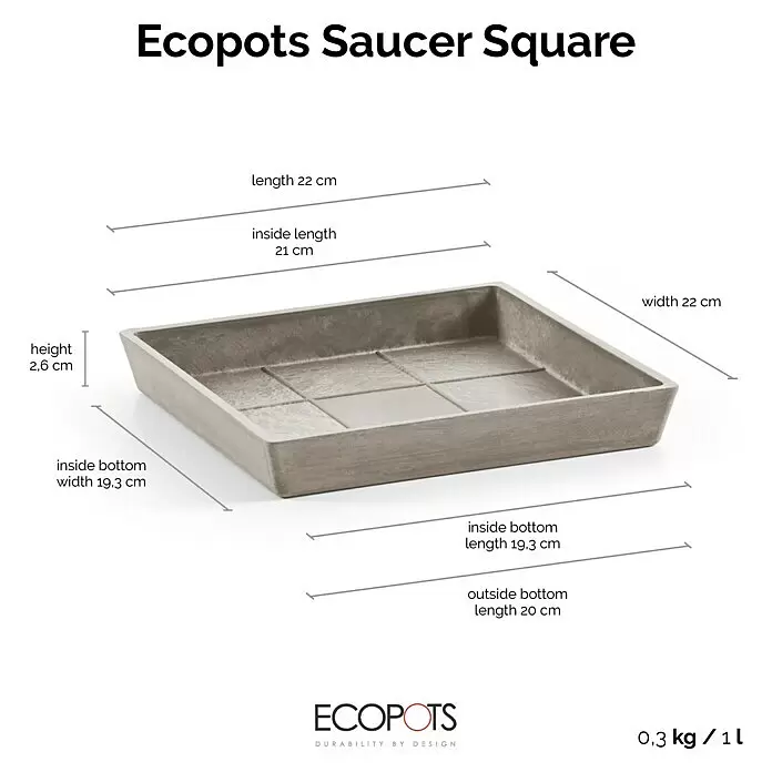 Ecopots Rotterdam Kasten-Untersetzer - 21 x 19,3 x 2,5 cm, Kunststoff, Braungrau - Ein grauer, quadratischer Ecopots Untersetzer mit detaillierten Maßangaben.