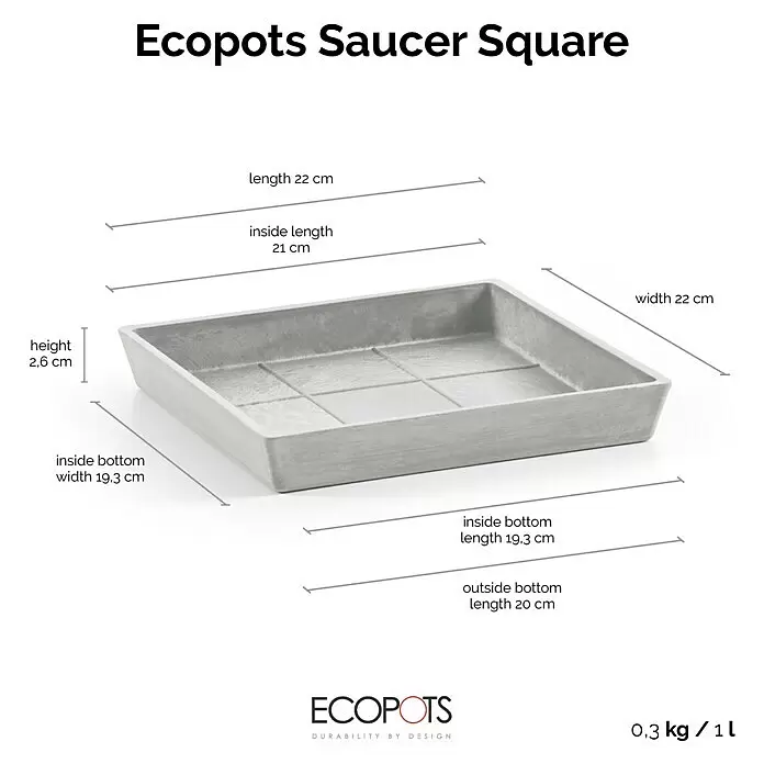 Ecopots Rotterdam Kasten-Untersetzer - 21 x 19,3 x 2,5 cm, Kunststoff, Weißgrau - Grauer quadratischer Pflanzkübel-Untersetzer in Betonoptik.