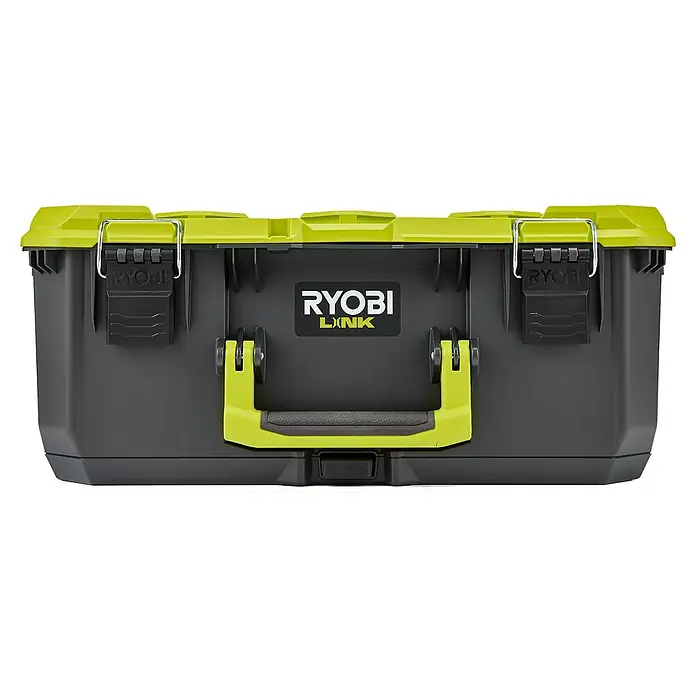 Ryobi Link Werkzeugkasten RSL102 - Kunststoff, Fassungsvermögen: 36 l, Höhe: 23,5 cm - Eine graue Ryobi Werkzeugkiste mit neongrünen Akzenten, robusten Verschlüssen und einem Tragegriff für den einfachen Transport von Werkzeugen.