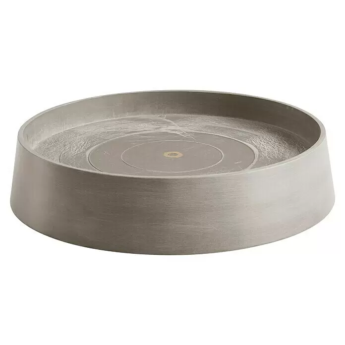 Ecopots Oslo Blumentopf-Untersetzer mit Rollen - Außenmaß (Ø x H): 41 x 9,5 cm, Kunststoff, Braungrau - Runde, flache, hellgraue Tablett in Betonoptik mit texturierter Oberfläche und zentralem Goldring.