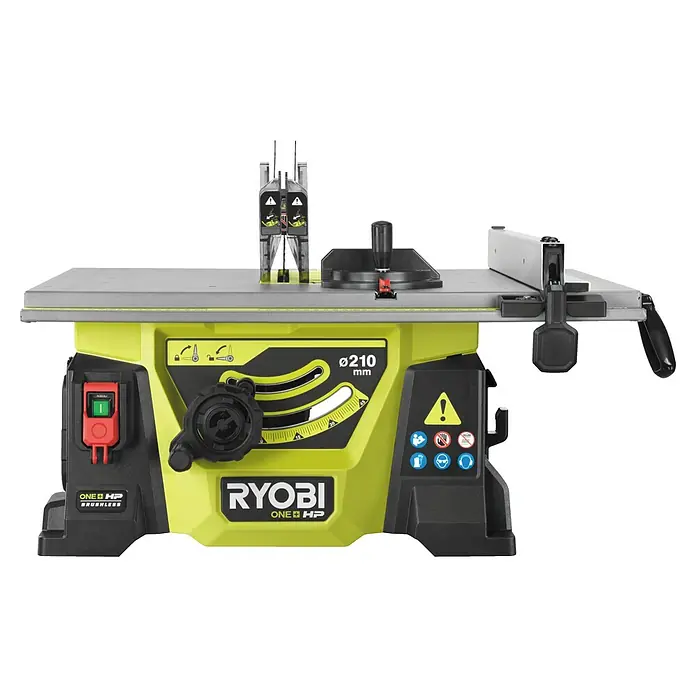 Ryobi ONE+HP Akku-Tischkreissäge RTBS18X-0 - 18 V, Ohne Akku, Durchmesser Sägeblatt: 210 mm - Der Ryobi ONE+ HP Tischkreissäge mit bürstenlosem Motor bietet präzise Schnitte für Holzbearbeitungsprojekte.