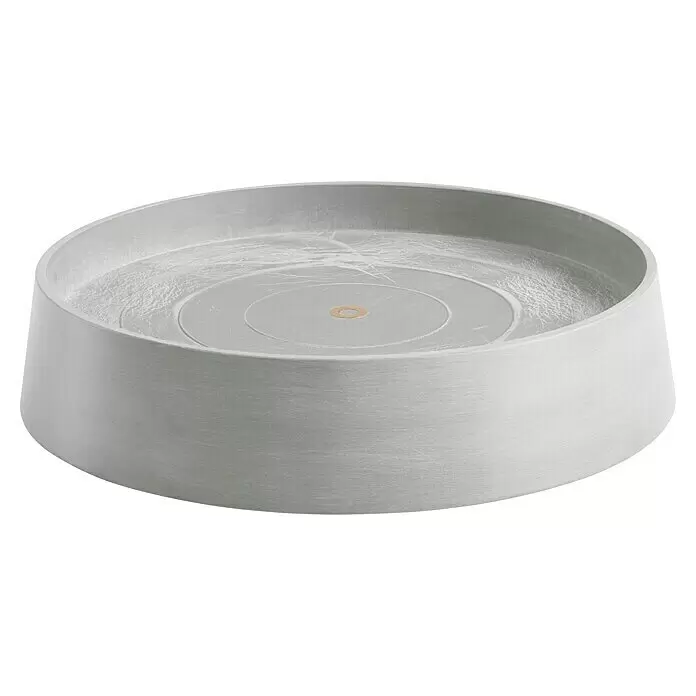 Ecopots Oslo Blumentopf-Untersetzer mit Rollen - Außenmaß (Ø x H): 41 x 9,5 cm, Kunststoff, Weißgrau - Helle, runde, flache, strukturierte Ablageschale mit goldenem Ring in der Mitte.