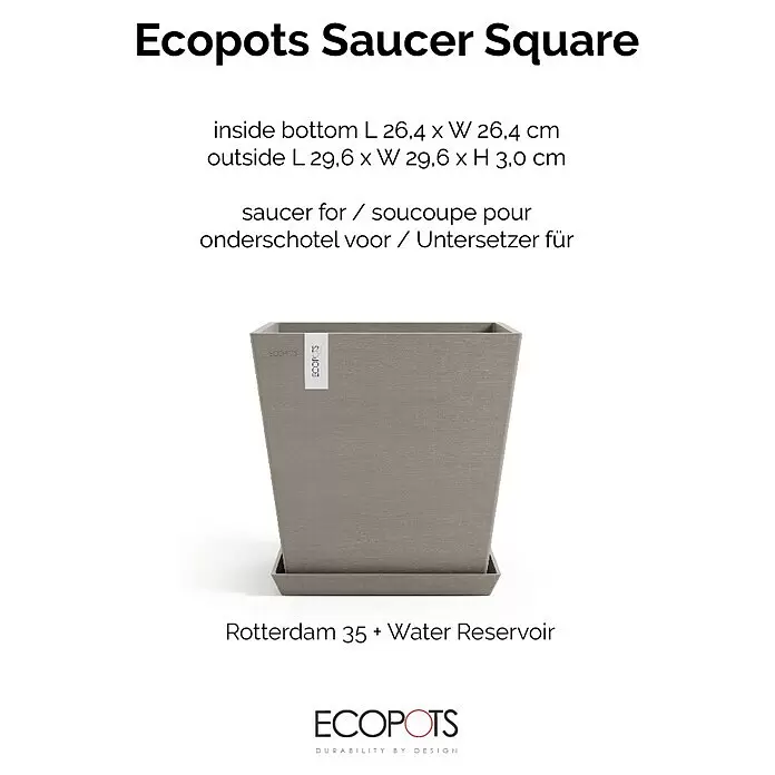 Ecopots Rotterdam Kasten-Untersetzer - 28,5 x 26,4 x 3 cm, Kunststoff, Braungrau - Hellgrauer quadratischer Ecopots Untersetzer mit passendem Pflanzgefäß für Rotterdam 35.