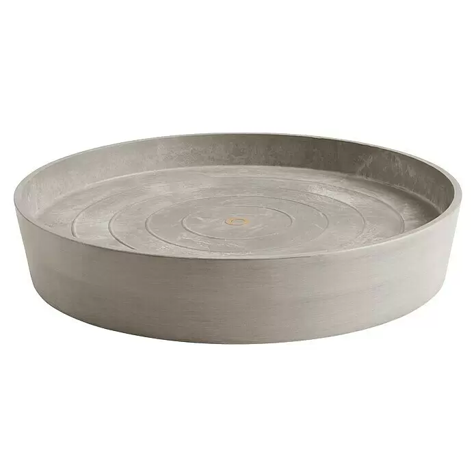 Ecopots Amsterdam Blumentopf-Untersetzer mit Rollen - Außenmaß (Ø x H): 51 x 10,1 cm, Kunststoff, Braungrau - Runde graue Pflanzenschale im Beton-Stil mit konzentrischen Kreisen und einem goldenen Mittelring.