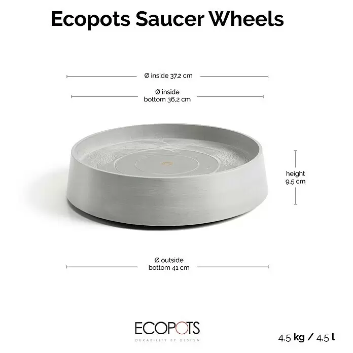 Ecopots Oslo Blumentopf-Untersetzer mit Rollen - Außenmaß (Ø x H): 41 x 9,5 cm, Kunststoff, Weißgrau - Hellgrauer runder Ecopots Untersetzer mit Rollen. Ø innen 37,2 cm, Höhe 9,5 cm, Ø außen Boden 41 cm. Gewicht 4,5 kg.