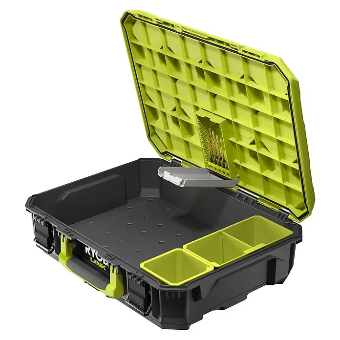 Ryobi Link Werkzeugkasten RSL101 - Kunststoff, Fassungsvermögen: 19 l, Höhe: 15 cm - Der geöffnete Ryobi LINK Werkzeugkoffer zeigt sein geräumiges Inneres und die praktischen Fächer, ideal zur Aufbewahrung von Werkzeugen.