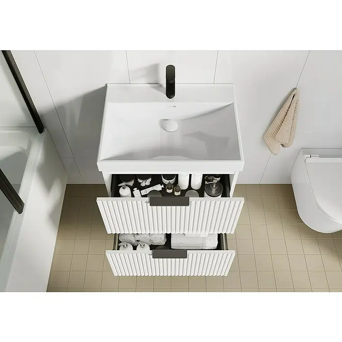 Camargue Badmöbel-Set Yasumi - 60 cm, Weiß - Waschbeckenunterschrank mit offenem Schubladen zur Aufbewahrung von Badutensilien, Badezimmer-Interieur für ein stilvolles Ambiente.