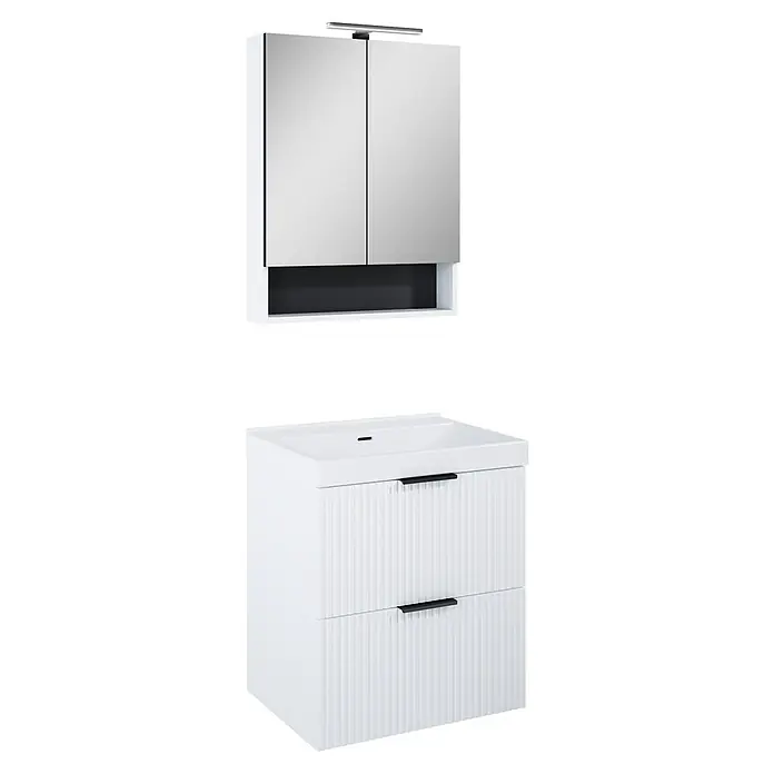 Camargue Badmöbel-Set Yasumi - 60 cm, Weiß - Elegantes Badezimmerset in Weiß mit Spiegelschrank und Waschtischunterschrank mit Schubladen.