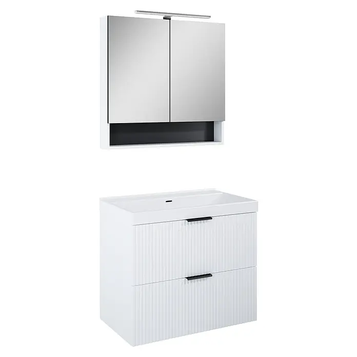 Camargue Badmöbel-Set Yasumi - 81 cm, Weiß - Modernes Badezimmerset mit Waschtischunterschrank und Spiegelschrank in Weiß. Elegantes Design für jedes Badezimmer.