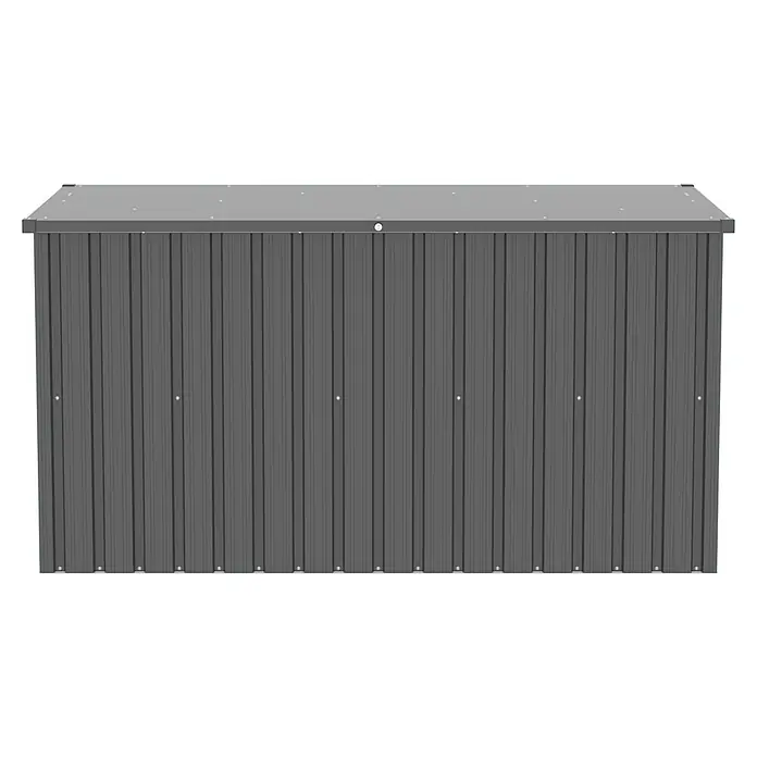 Tepro Garten-Aufbewahrungsbox Store XL - B x T x H: 184,3 x 90 x 93,8 cm, Anthrazit, Stahl - Ein schlichtes, graues Gerätehaus mit senkrechten Streben und einem flachen Dach, ideal für die Aufbewahrung im Freien.
