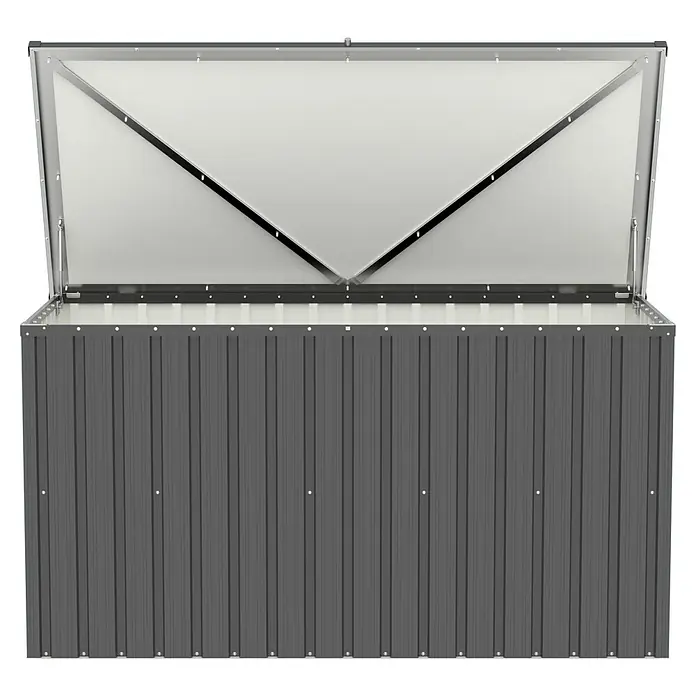 Tepro Garten-Aufbewahrungsbox Store XL - B x T x H: 184,3 x 90 x 93,8 cm, Anthrazit, Stahl - Das Bild zeigt eine geöffnete, dunkelgraue Gartenbox mit silberner Innenseite. Sie ist ideal für die Aufbewahrung von Gartengeräten und -möbeln.