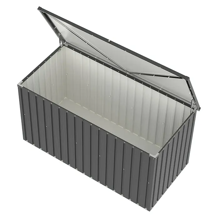 Tepro Garten-Aufbewahrungsbox Store XL - B x T x H: 184,3 x 90 x 93,8 cm, Anthrazit, Stahl - Ein offener, grauer Gartentruhe mit hochgeklapptem Deckel, ideal für die Aufbewahrung im Freien.