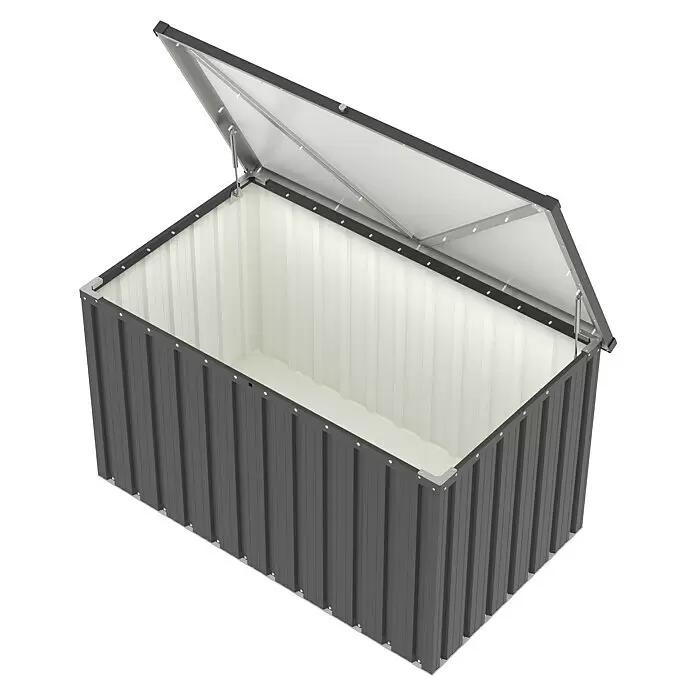 Tepro Garten-Aufbewahrungsbox Store M - B x T x H: 131,8 x 79,4 x 72,7 cm, Anthrazit, Stahl - Dunkelgraue Wellblech-Aufbewahrungsbox mit offenem Deckel, Gasfedern und weißem Innenraum.