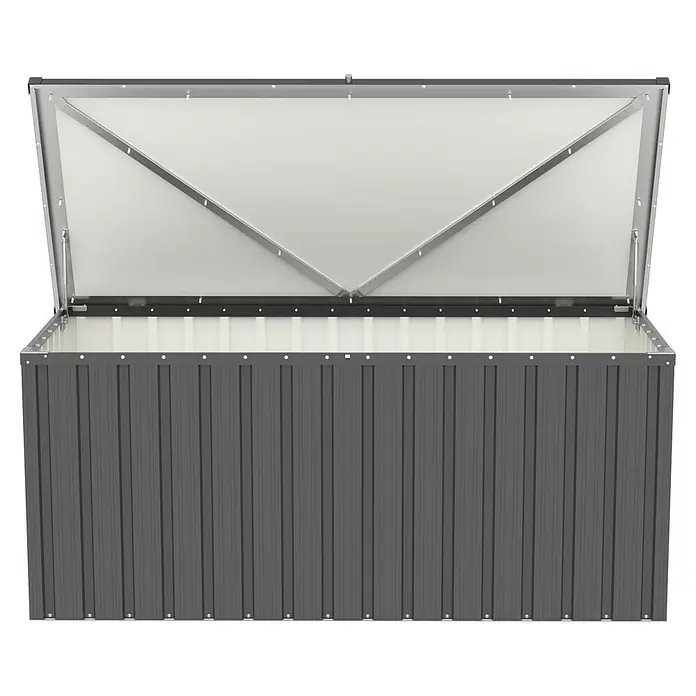 Tepro Garten-Aufbewahrungsbox Store L - B x T x H: 172,8 x 78,5 x 72,5 cm, Anthrazit, Stahl - Geöffneter Metall-Gartenschrank mit aufklappbarem Deckel und grauen Seitenwänden für den Außenbereich zur Aufbewahrung von Gartengeräten.