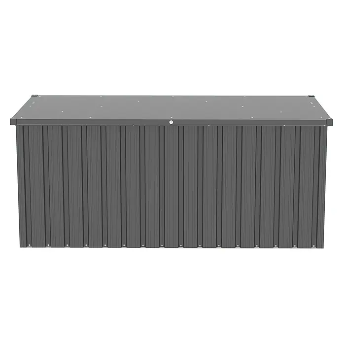 Tepro Garten-Aufbewahrungsbox Store L - B x T x H: 172,8 x 78,5 x 72,5 cm, Anthrazit, Stahl - Hier ist eine Nahaufnahme einer grauen Gartentruhe mit vertikalen Rippen und einem flachen Deckel, ideal zur Aufbewahrung im Aussenbereich.